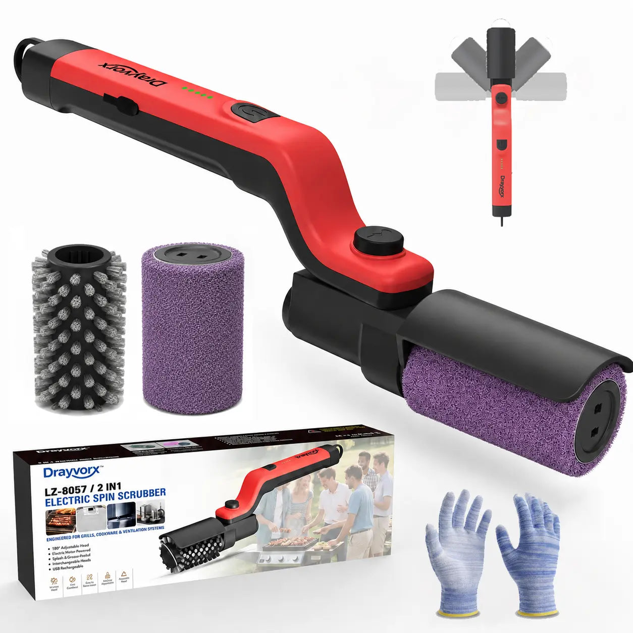 Cordless Electric Grill Cleaning Brush 2-in-1 — Spin Scrubber with Rust-Resistant Metal Heads, 3-Speed Motor, Type-C BBQ Grate Cleaner