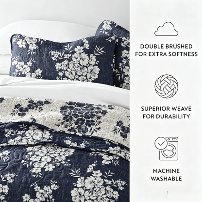 Vintage Floral Reversible Quilted Coverlet Set — 3-Piece Distressed Bouquet Bedding with 2 Pillow Shams