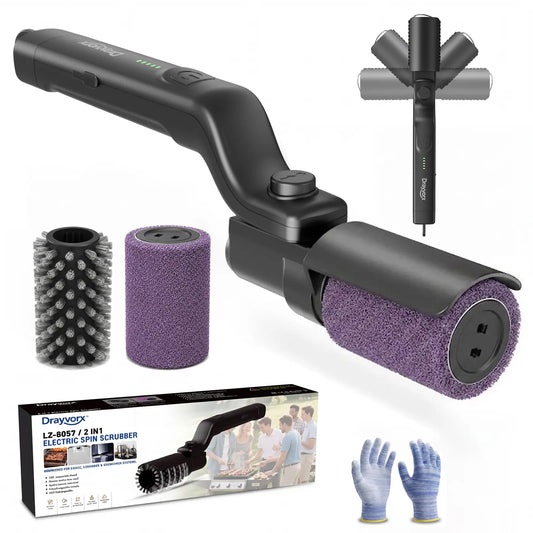 Cordless Electric Grill Cleaning Brush 2-in-1 — Spin Scrubber with Rust-Resistant Metal Heads, 3-Speed Motor, Type-C BBQ Grate Cleaner