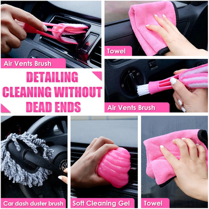 17-Piece Pink Car Interior Kit — High Power Handheld Vacuum, Detailing Brush Set, Windshield Cleaner & Cleaning Gel, Complete Auto Set