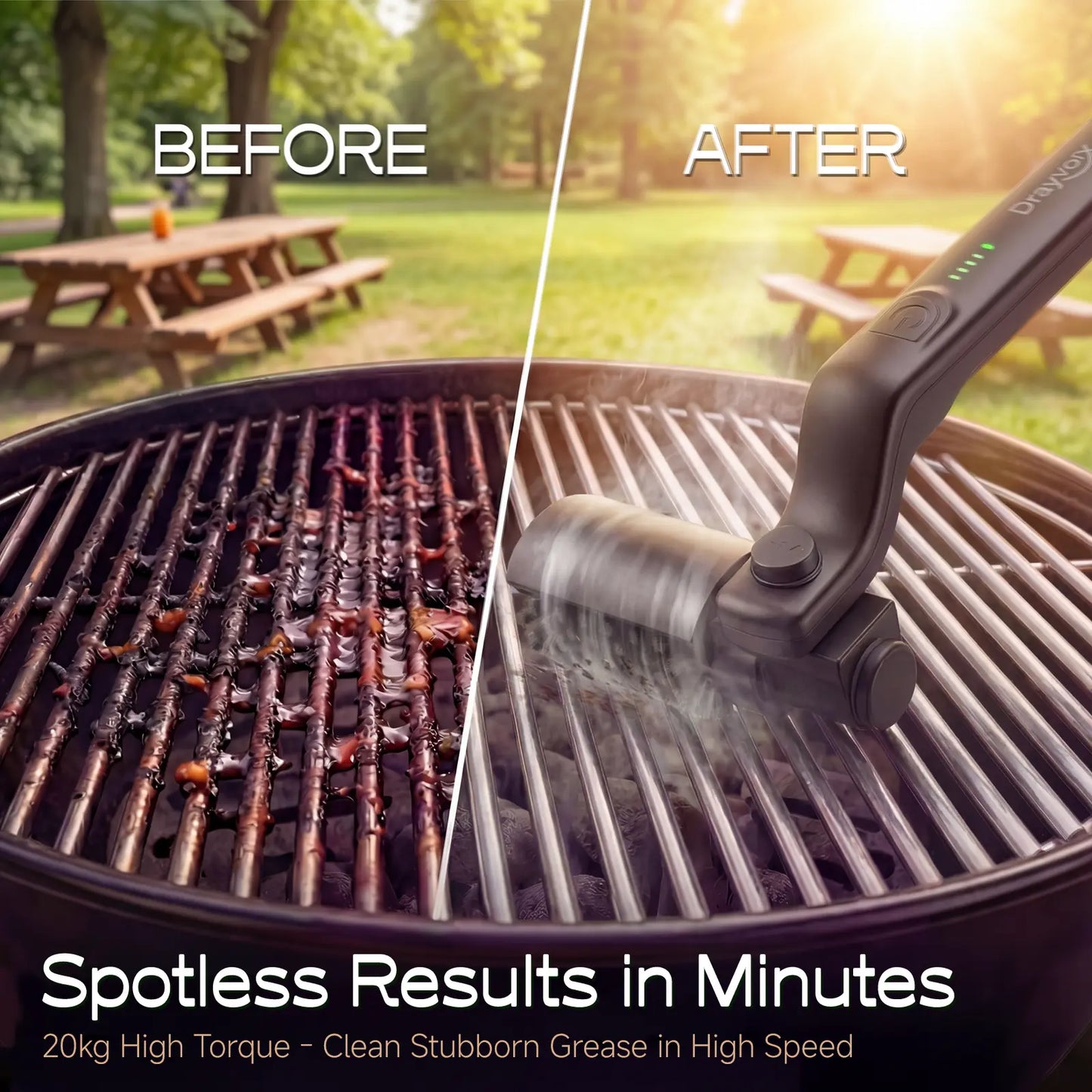 Cordless Electric Grill Cleaning Brush 2-in-1 — Spin Scrubber with Rust-Resistant Metal Heads, 3-Speed Motor, Type-C BBQ Grate Cleaner