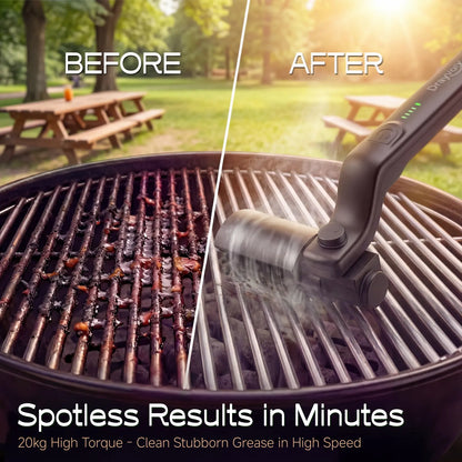 Cordless Electric Grill Cleaning Brush 2-in-1 — Spin Scrubber with Rust-Resistant Metal Heads, 3-Speed Motor, Type-C BBQ Grate Cleaner