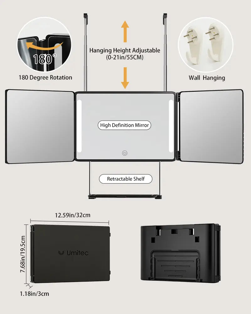 LED 3 Way Mirror 🔥 Portable Trifold with Adjustable Light 💡 360° Real Glass