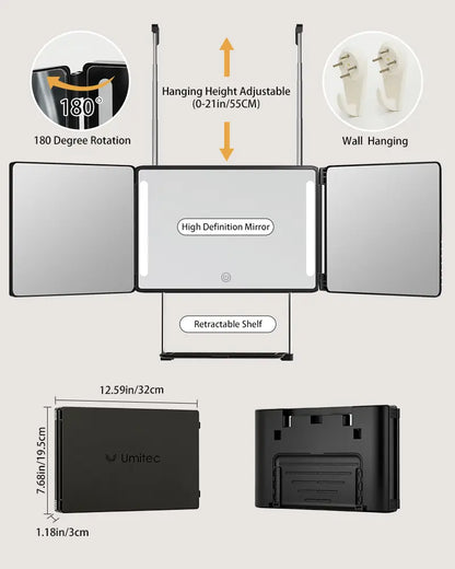 LED 3 Way Mirror 🔥 Portable Trifold with Adjustable Light 💡 360° Real Glass