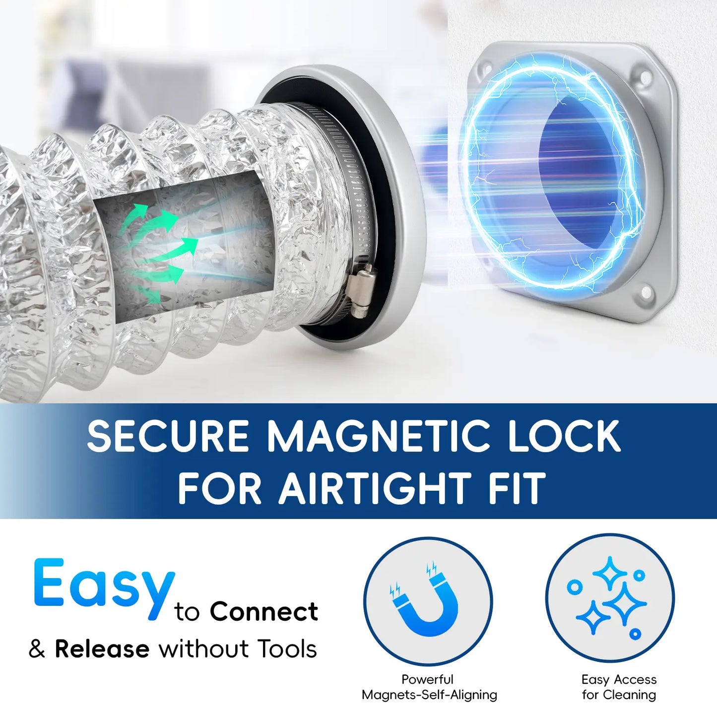 Quick Connect Magnetic Dryer Vent Hose Kit — 4" 2.6ft Duct with Strong Magnet, Self-Alignment Airtight Seal for Secure Dryer Airflow