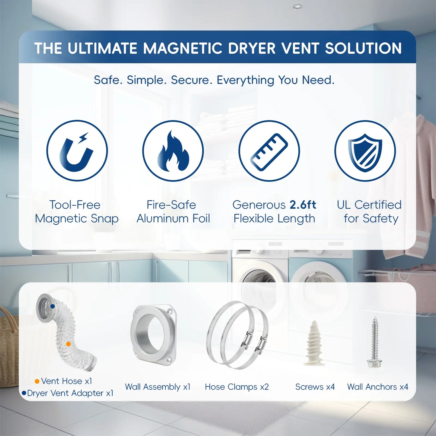 Quick Connect Magnetic Dryer Vent Hose Kit — 4" 2.6ft Duct with Strong Magnet, Self-Alignment Airtight Seal for Secure Dryer Airflow