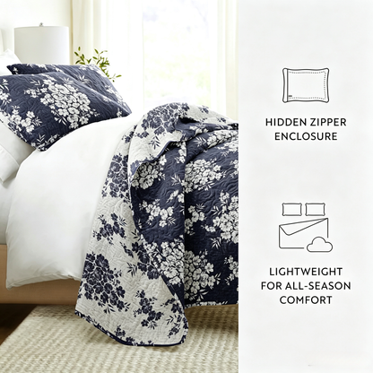 Vintage Floral Reversible Quilted Coverlet Set — 3-Piece Distressed Bouquet Bedding with 2 Pillow Shams