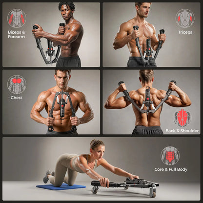 Adjustable Arm Chest Trainer 22-440lbs — Full-Body Home Gym Equipment with Ab Roller Wheel, Core & Tricep Exerciser, Knee Pad & Bag Included for Men Women