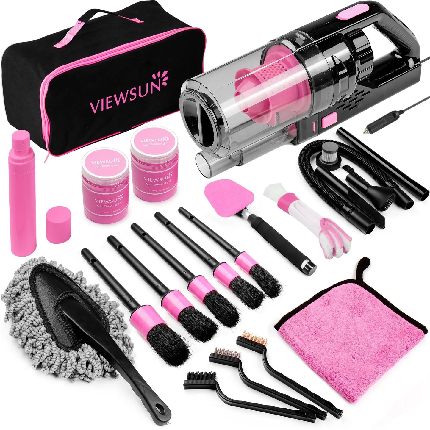 17-Piece Pink Car Interior Kit — High Power Handheld Vacuum, Detailing Brush Set, Windshield Cleaner & Cleaning Gel, Complete Auto Set