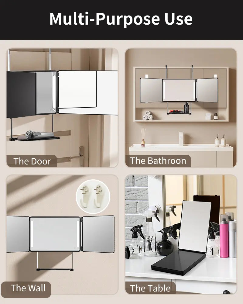 LED 3 Way Mirror 🔥 Portable Trifold with Adjustable Light 💡 360° Real Glass