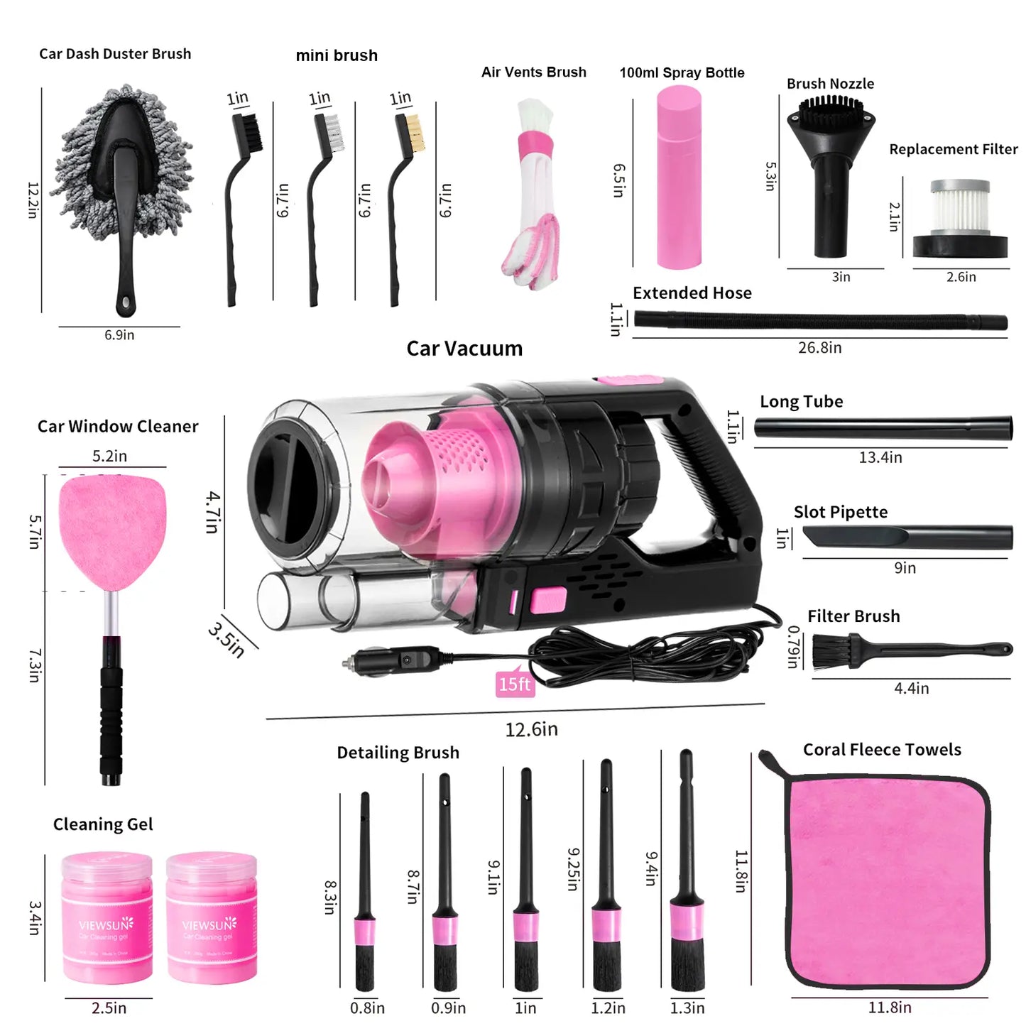17-Piece Pink Car Interior Kit — High Power Handheld Vacuum, Detailing Brush Set, Windshield Cleaner & Cleaning Gel, Complete Auto Set