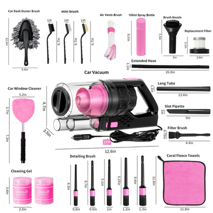 17-Piece Pink Car Interior Kit — High Power Handheld Vacuum, Detailing Brush Set, Windshield Cleaner & Cleaning Gel, Complete Auto Set