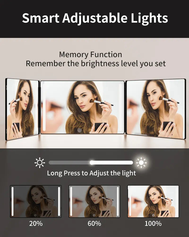LED 3 Way Mirror 🔥 Portable Trifold with Adjustable Light 💡 360° Real Glass
