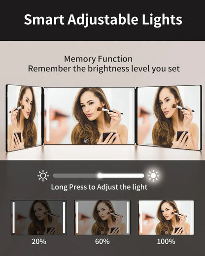 LED 3 Way Mirror 🔥 Portable Trifold with Adjustable Light 💡 360° Real Glass