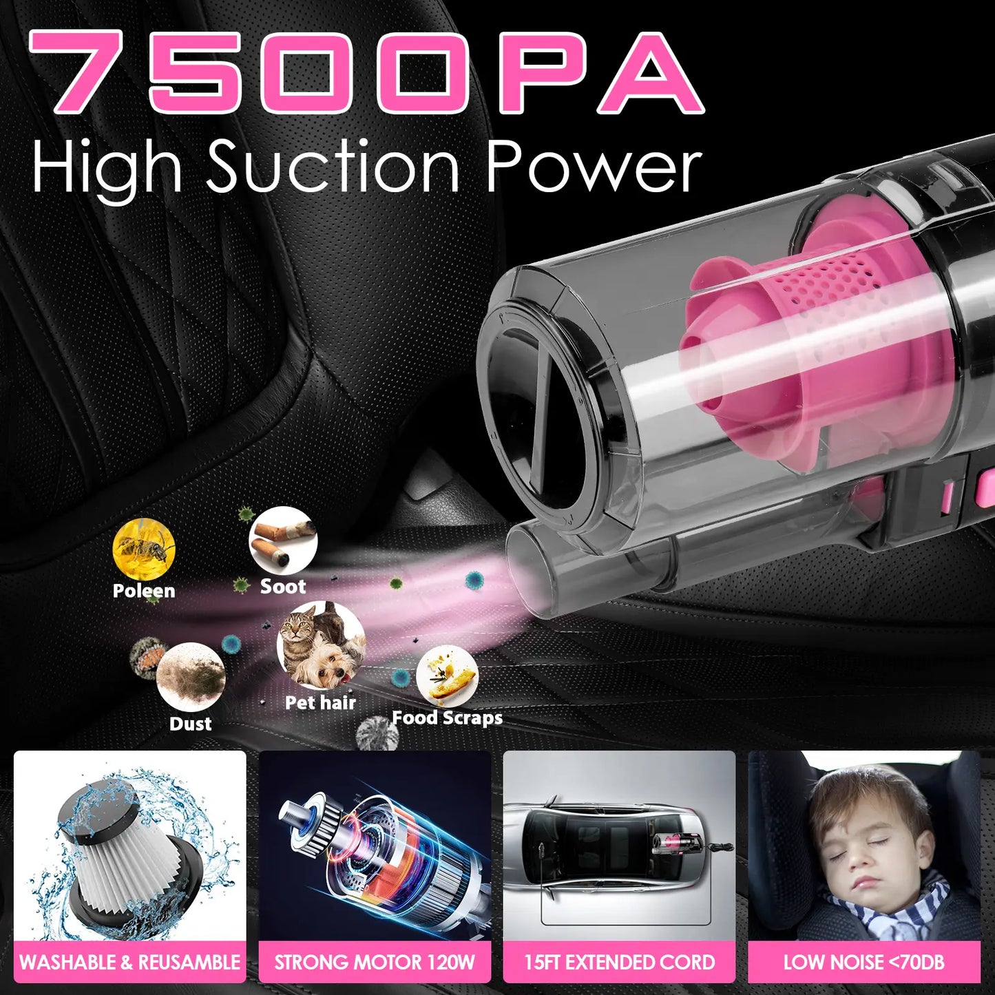 17-Piece Pink Car Interior Kit — High Power Handheld Vacuum, Detailing Brush Set, Windshield Cleaner & Cleaning Gel, Complete Auto Set