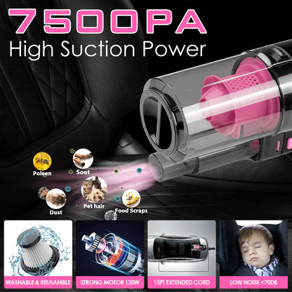 17-Piece Pink Car Interior Kit — High Power Handheld Vacuum, Detailing Brush Set, Windshield Cleaner & Cleaning Gel, Complete Auto Set