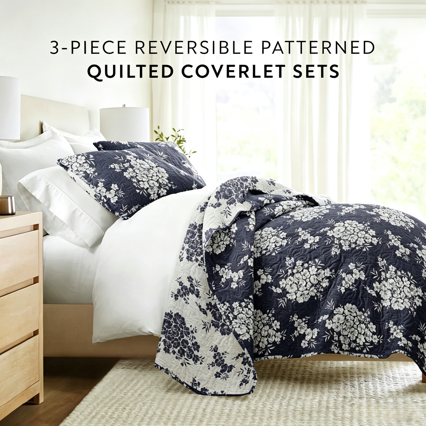 Vintage Floral Reversible Quilted Coverlet Set — 3-Piece Distressed Bouquet Bedding with 2 Pillow Shams