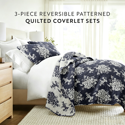 Vintage Floral Reversible Quilted Coverlet Set — 3-Piece Distressed Bouquet Bedding with 2 Pillow Shams