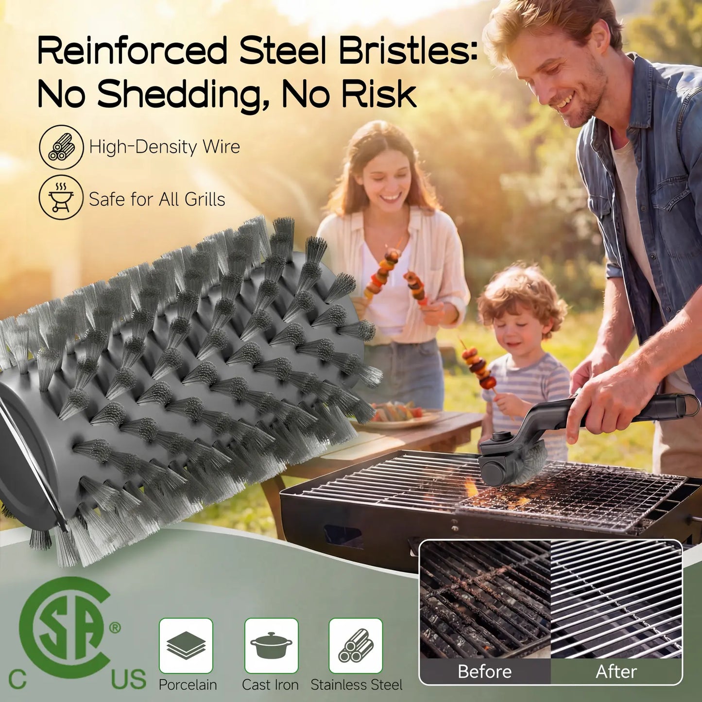Cordless Electric Grill Cleaning Brush 2-in-1 — Spin Scrubber with Rust-Resistant Metal Heads, 3-Speed Motor, Type-C BBQ Grate Cleaner