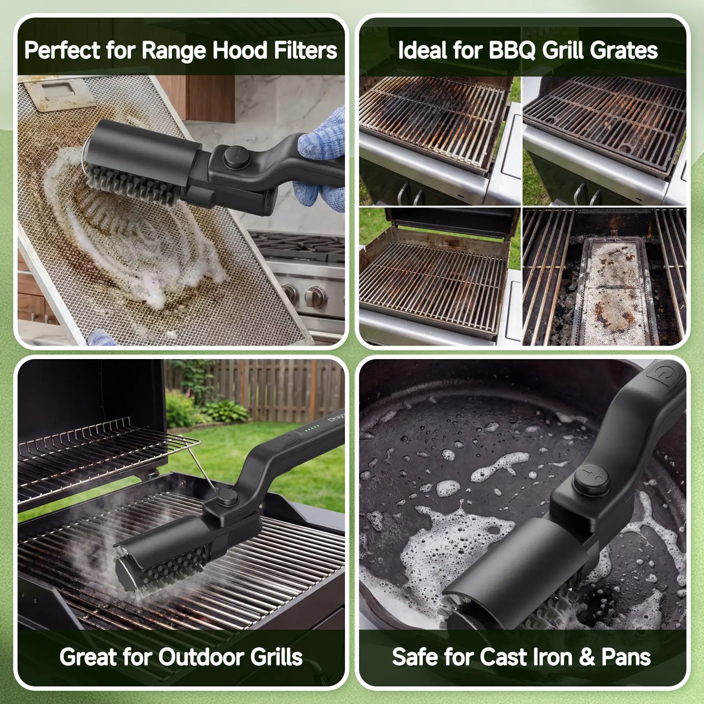 Cordless Electric Grill Cleaning Brush 2-in-1 — Spin Scrubber with Rust-Resistant Metal Heads, 3-Speed Motor, Type-C BBQ Grate Cleaner