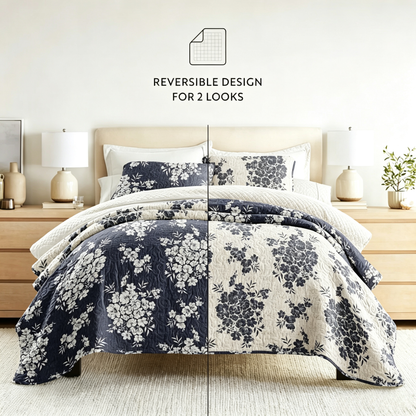 Vintage Floral Reversible Quilted Coverlet Set — 3-Piece Distressed Bouquet Bedding with 2 Pillow Shams