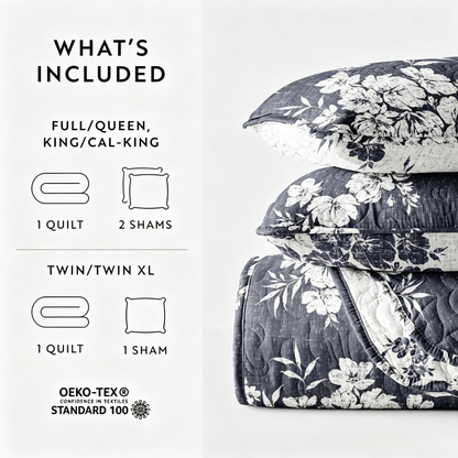 Vintage Floral Reversible Quilted Coverlet Set — 3-Piece Distressed Bouquet Bedding with 2 Pillow Shams