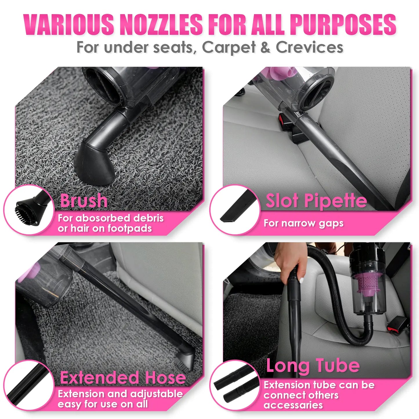 17-Piece Pink Car Interior Kit — High Power Handheld Vacuum, Detailing Brush Set, Windshield Cleaner & Cleaning Gel, Complete Auto Set