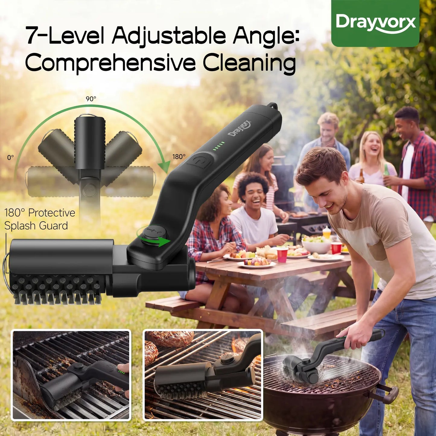 Cordless Electric Grill Cleaning Brush 2-in-1 — Spin Scrubber with Rust-Resistant Metal Heads, 3-Speed Motor, Type-C BBQ Grate Cleaner