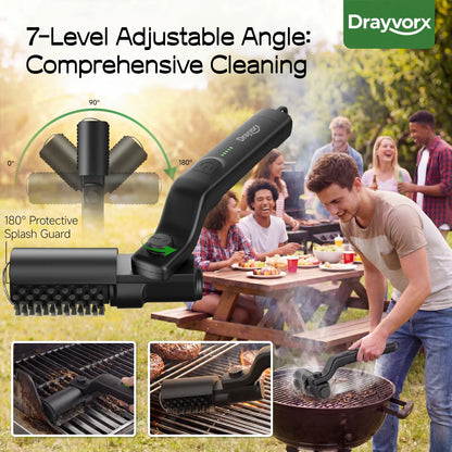 Cordless Electric Grill Cleaning Brush 2-in-1 — Spin Scrubber with Rust-Resistant Metal Heads, 3-Speed Motor, Type-C BBQ Grate Cleaner