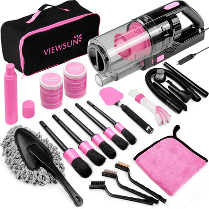 17-Piece Pink Car Interior Kit — High Power Handheld Vacuum, Detailing Brush Set, Windshield Cleaner & Cleaning Gel, Complete Auto Set