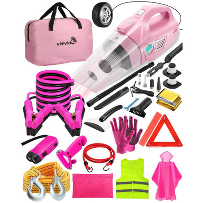 17-Piece Pink Car Interior Kit — High Power Handheld Vacuum, Detailing Brush Set, Windshield Cleaner & Cleaning Gel, Complete Auto Set