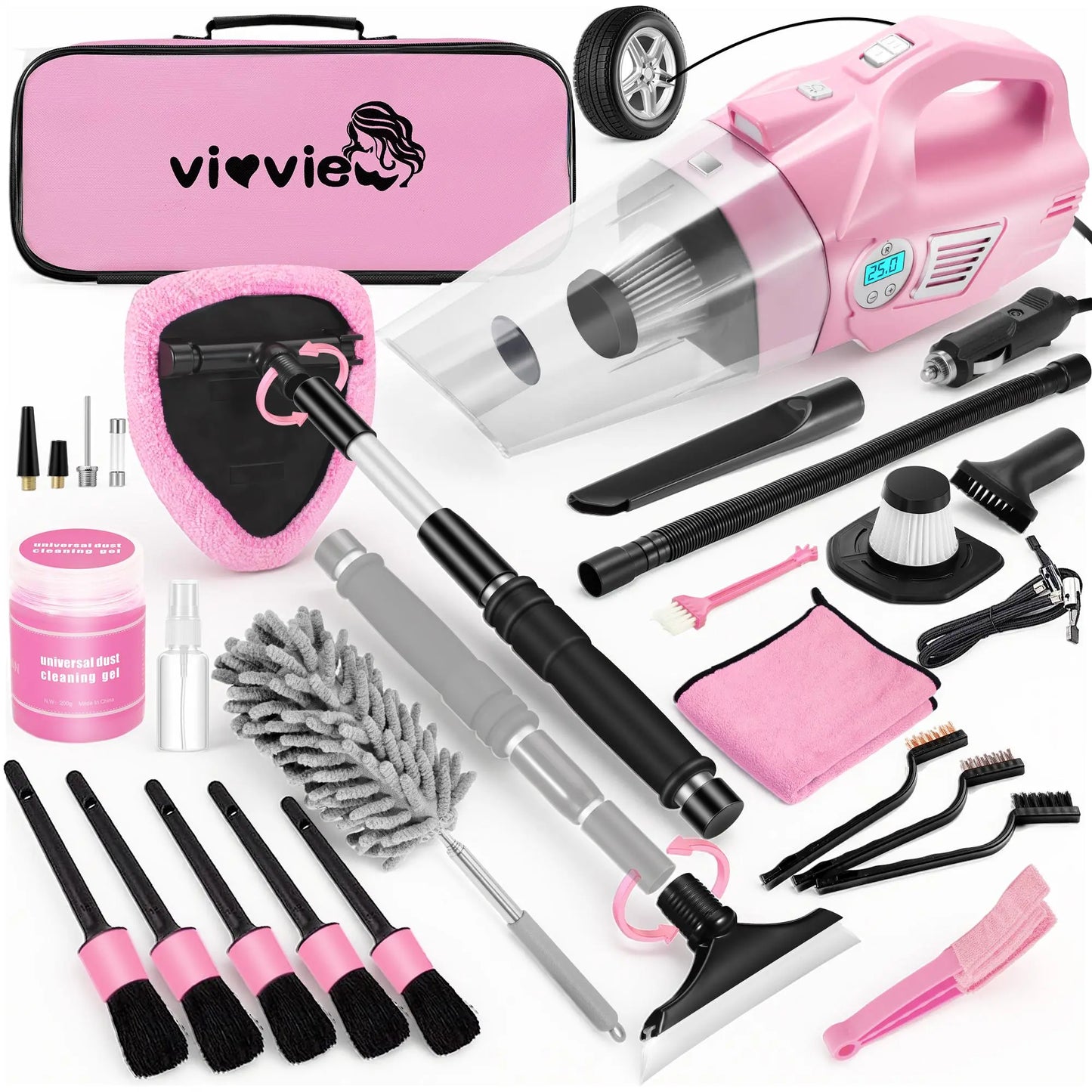 17-Piece Pink Car Interior Kit — High Power Handheld Vacuum, Detailing Brush Set, Windshield Cleaner & Cleaning Gel, Complete Auto Set