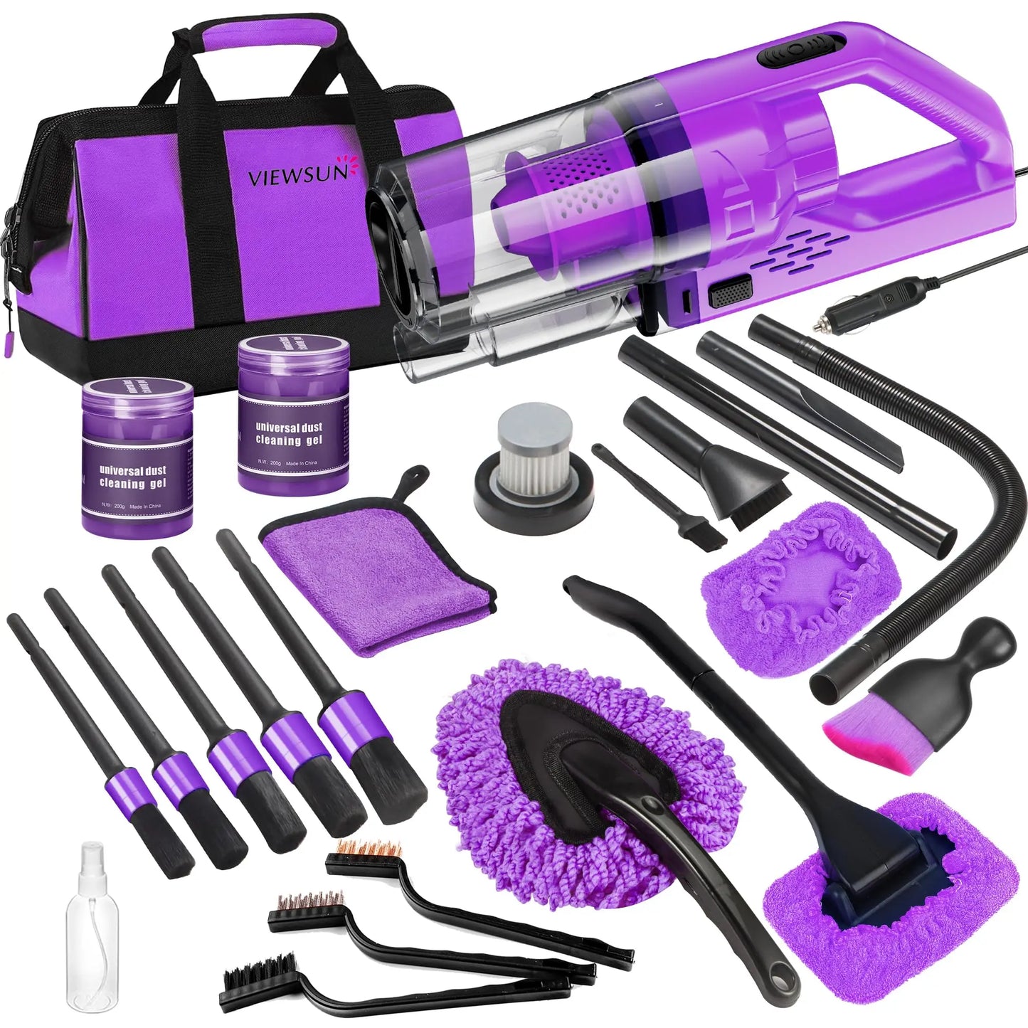 17-Piece Pink Car Interior Kit — High Power Handheld Vacuum, Detailing Brush Set, Windshield Cleaner & Cleaning Gel, Complete Auto Set