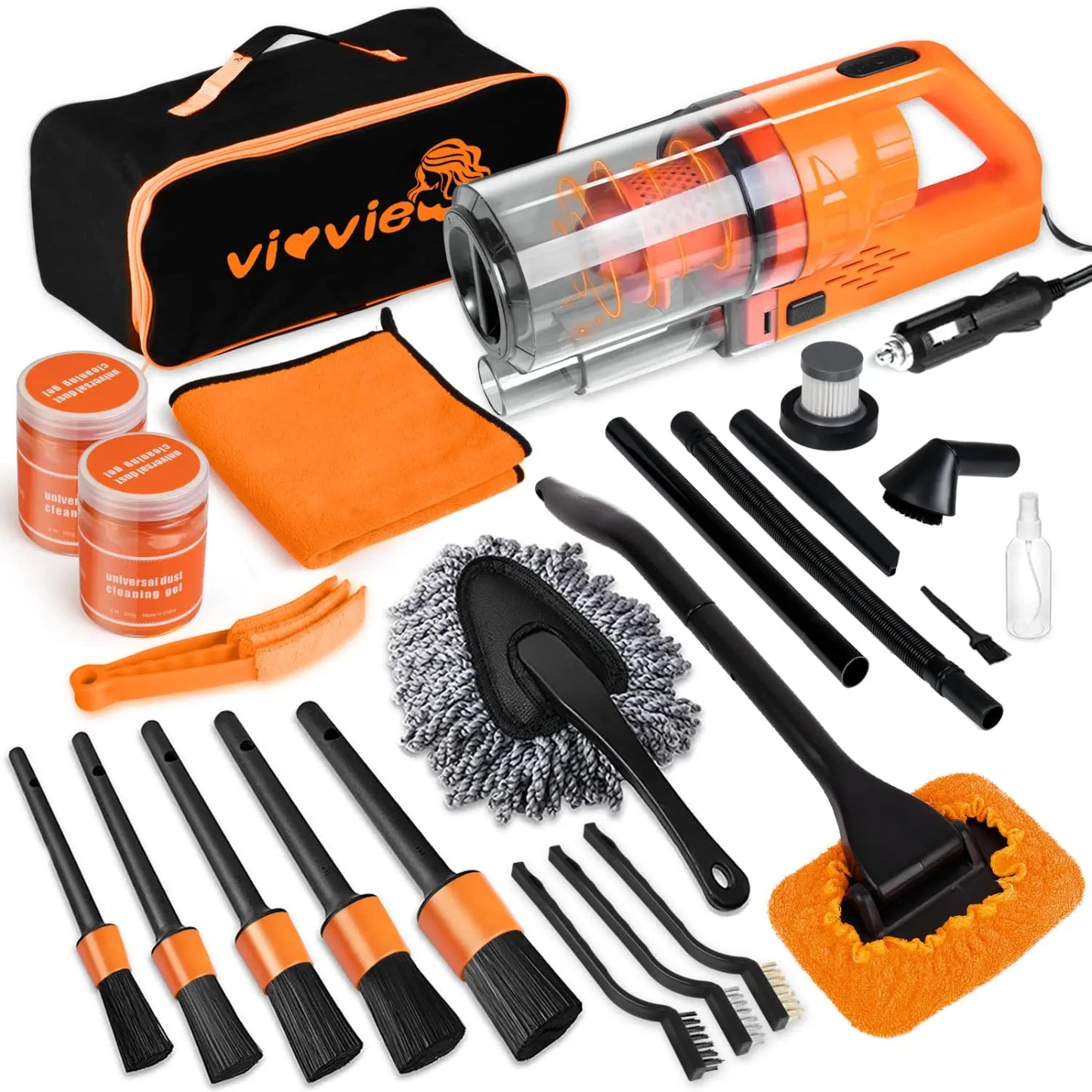 17-Piece Pink Car Interior Kit — High Power Handheld Vacuum, Detailing Brush Set, Windshield Cleaner & Cleaning Gel, Complete Auto Set